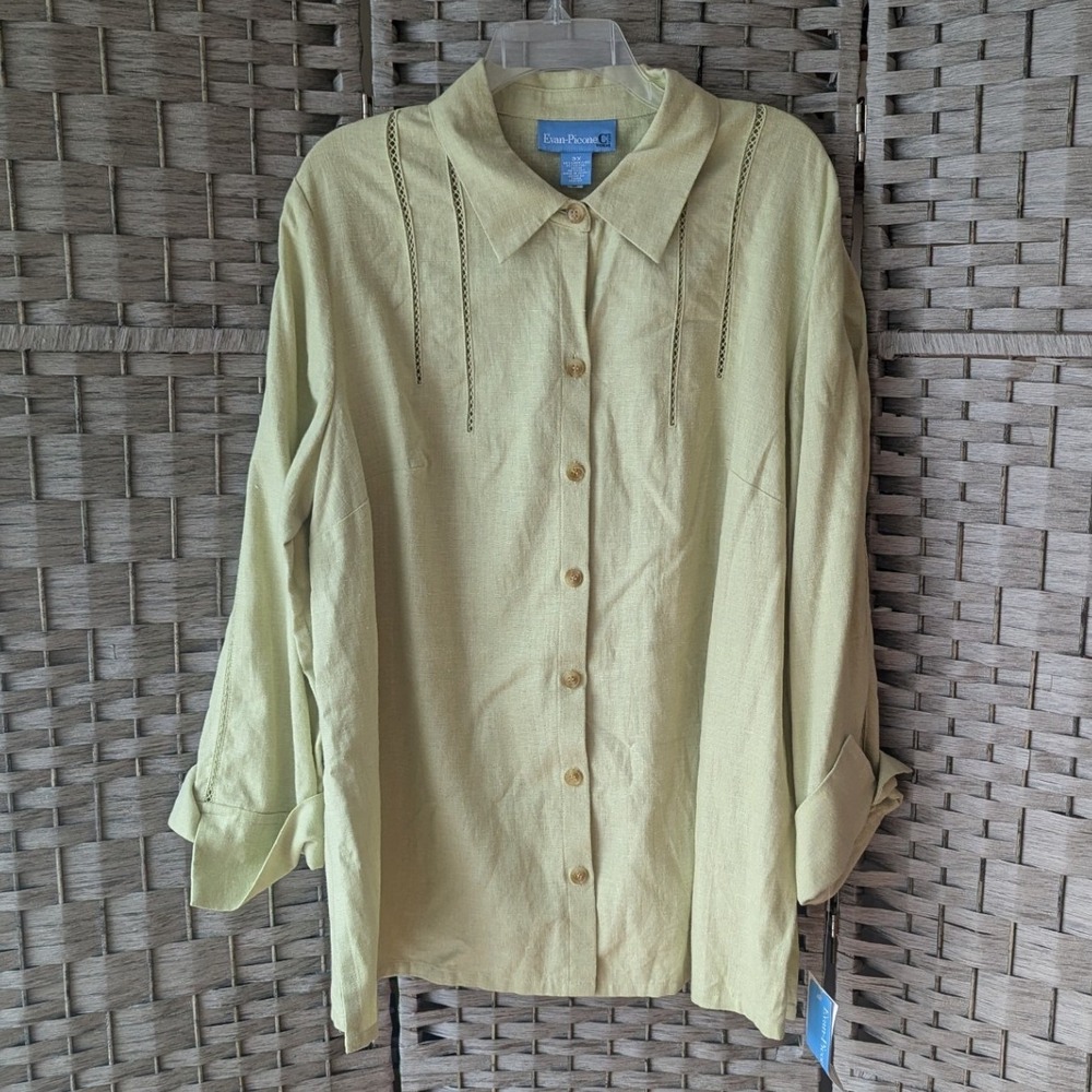 Evan-Picone Button Up Shirt Mint Green Pistachio Linen Blend Ladder Stitch 3X